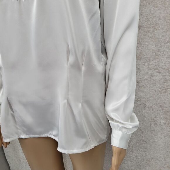 Susan Hutton Vintage White Satin Sheer Mesh Long Sleeve Blouse Women's Plus Size - Picture 3 of 9